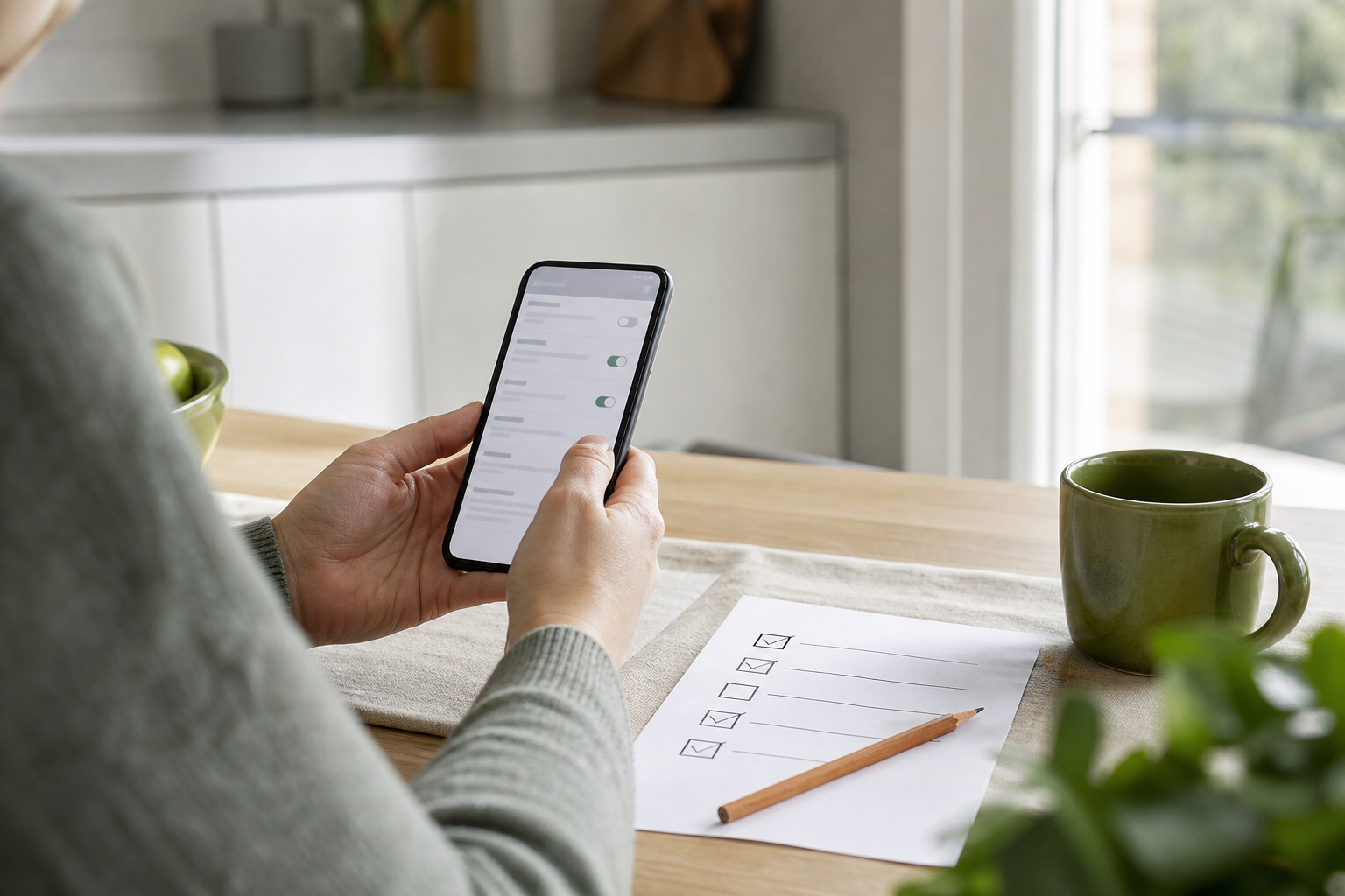Eine Person prüft an einem Smartphone Einstellungen neben einer Papiercheckliste